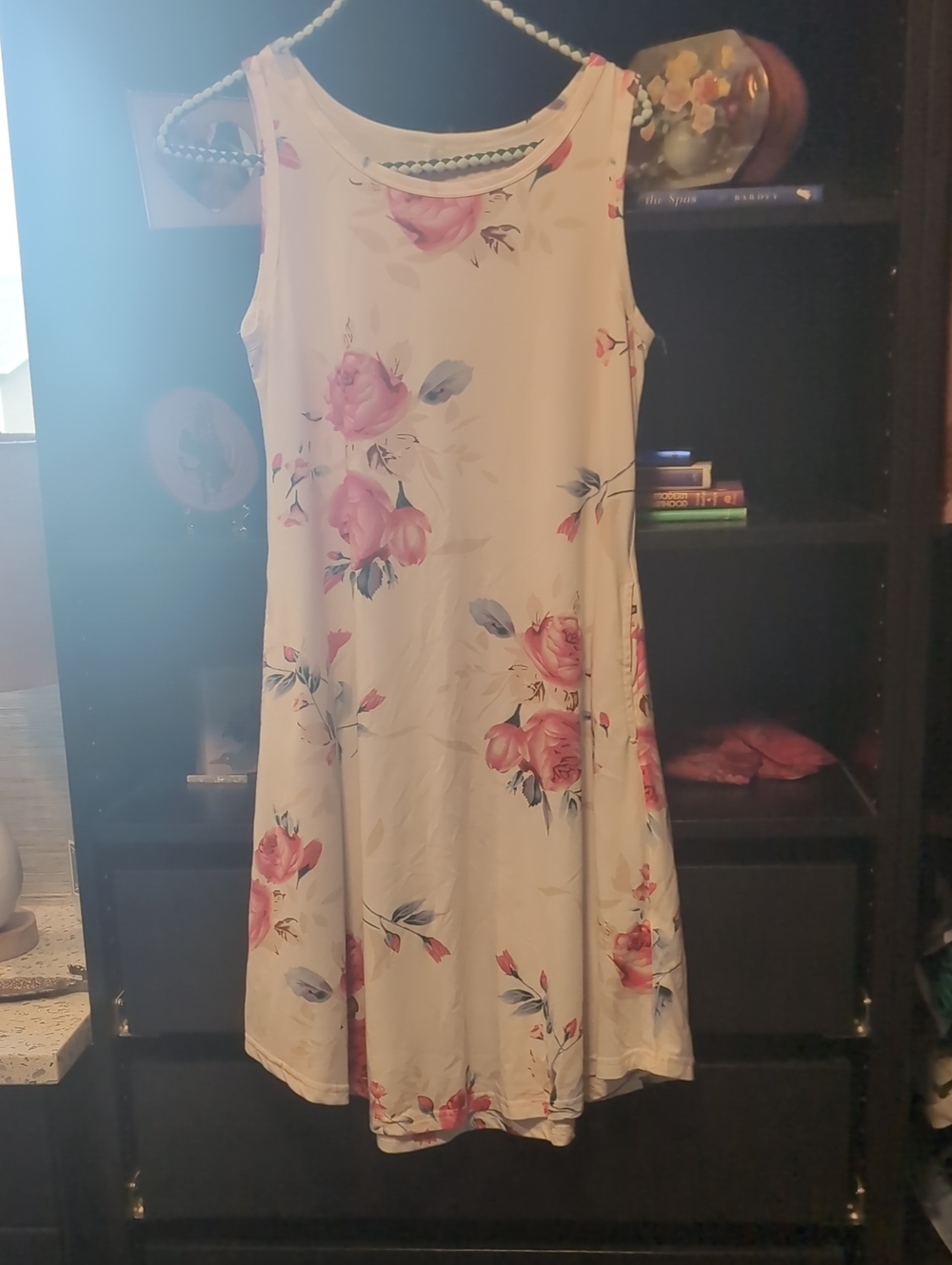 Floral Sleeveless A-Line Dress - Cream with Pink Roses